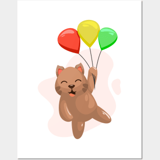 Adorable cat flying with balloon Posters and Art